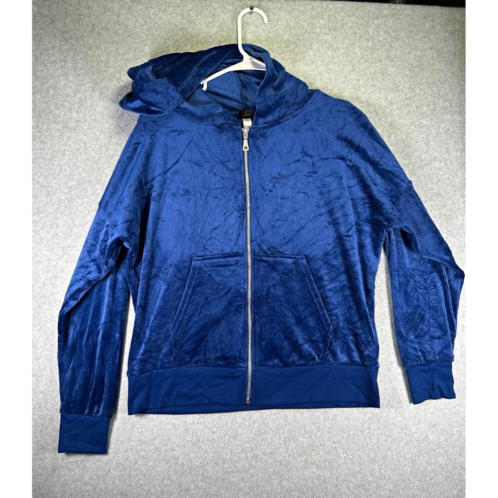 Felina Women Medium Velour Zip Up Hoodie Blue Plush Cozy Loungewear Jacket C7589